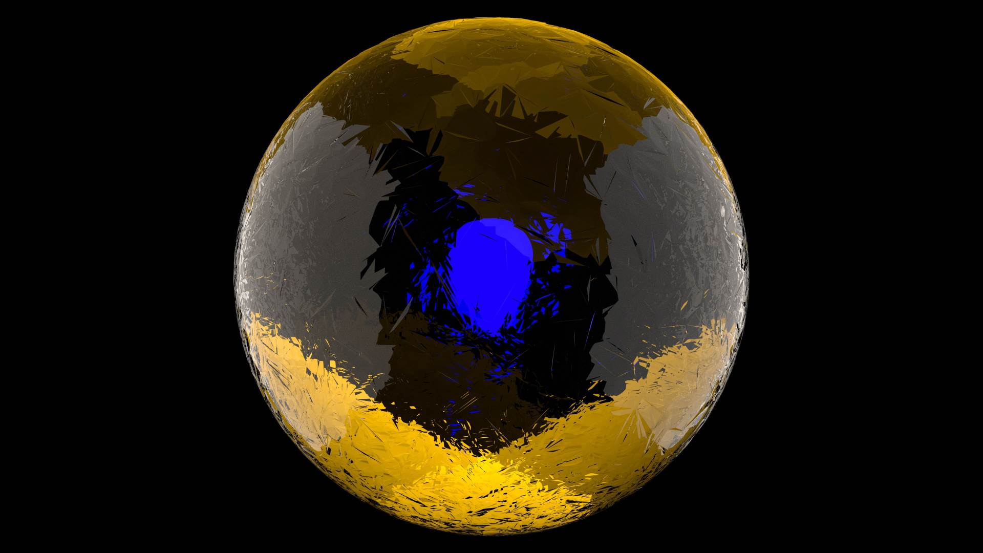 A blue inverted teardrop inside a bigger transparent sphere eluminated with yellow light from top and bottom and white light from the sides.